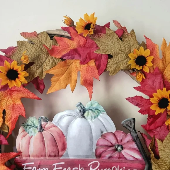 Host Pick Fall Harvest Wreath Bows Pumpkins Sunflowers Oak Leaves - Picture 5 of 8